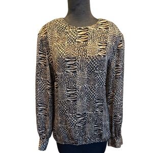 Adrianna Papell Vintage 80s/ 90s 100% Silk Animal Print Patchwork Blouse Brown